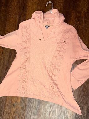 Hannah Lace-Detail Knit Hoodie Blush Asymmetrical Fairy Cottagecore boho Medium
